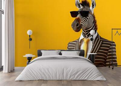 An elegant zebra in a suit and sunglasses on a bright yellow background. Wall mural