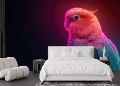 An illuminated lovebird in neon hues of pink and blue with a thoughtful expression. Wall mural