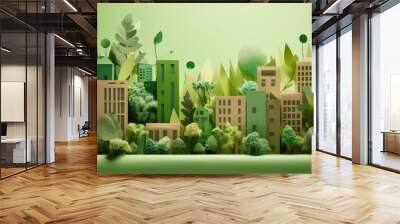 Artistic paper model of an urban landscape with green foliage. Wall mural