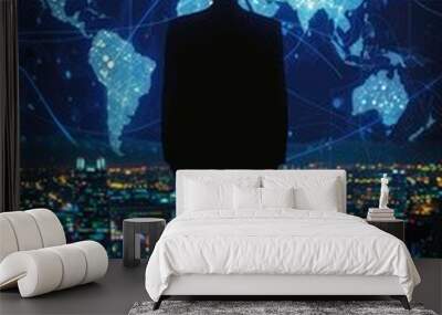 Businessman silhouette with world map digital interface. Wall mural