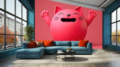 Cheerful round pink cat character with raised paws on pink background. Wall mural