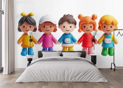 Colorful cartoon children figurines holding hands on black Wall mural