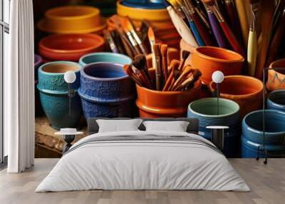 Colorful ceramic pots and assorted paintbrushes on a potter's workbench Wall mural