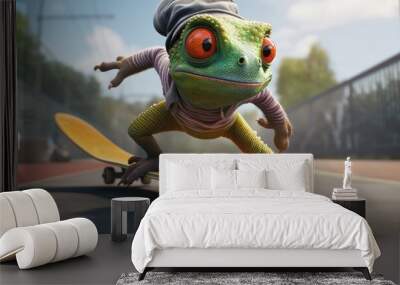 Colorful chameleon on a skateboard in an urban setting. Wall mural