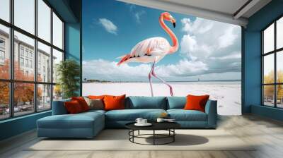 Flamingo walking on tropical beach with blue sky. Generative AI Wall mural