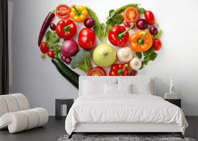 Fresh vegetables heart shape, white background. Generative AI Wall mural