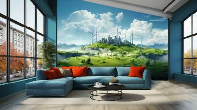 Futuristic city with wind turbines on a green hill under a blue sky with clouds Wall mural