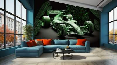 Generative AI blueprints of a miniature modern sustainable formula 1 car made with green plants on a sea background Wall mural