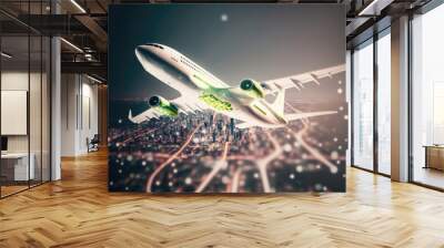 Generative AI modern green and white sustainable plane flying high on the sky Wall mural