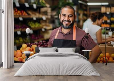 Hispanic male worker in supermarket Wall mural