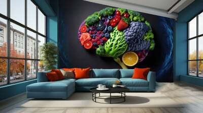 Human brain made with healthy food. Generative AI Wall mural