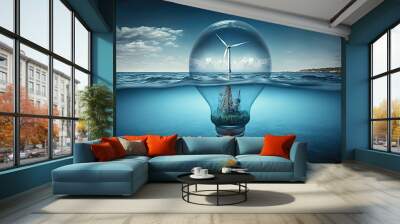 Light bulb with isolated wind turbine inside, blue sea. Generative AI Wall mural