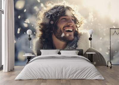 Man laughing in winter outdoors Wall mural