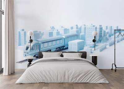 Miniature train and cityscape in monochromatic blue, representing urban planning. Wall mural