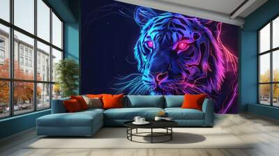 Neon tiger head portrait with a fierce expression. Wall mural