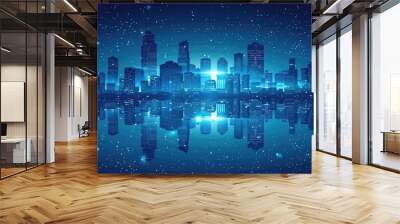 Night cityscape with glowing buildings and starry sky reflected in water. Wall mural