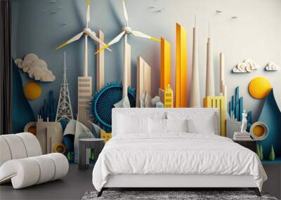 Origami cartoon energy plant with renewable sources, sun and wind on city skyline Generative AI  Wall mural