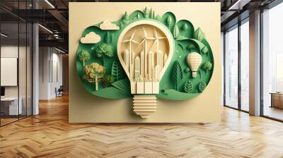 Paper cut of light bulb with green eco city. Generative AI Wall mural