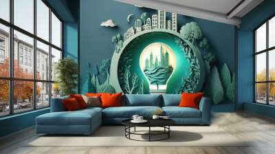 Paper cut of light bulb with green eco city. Generative AI Wall mural