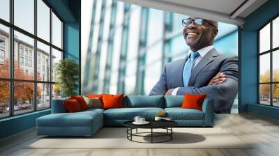 Portrait of black man with smile in blue suit Wall mural