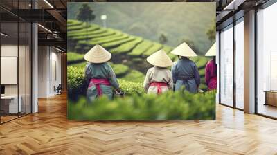 Rear view of group of women in asia pick tea field Wall mural