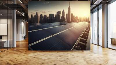 Solar panels on a roof of a building with the city skyline in the background Wall mural