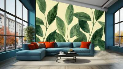 Stylized green leaves on a soft watercolor background, invoking freshness. Wall mural