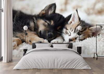 Two puppies and a cat are sleeping on a white blanket Wall mural