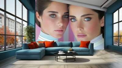 Two women in futuristic attire against a pink striped background. Wall mural