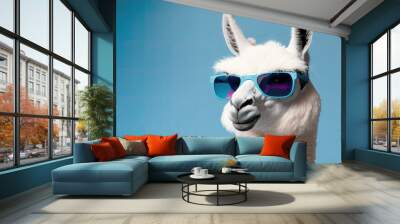 White llama wearing blue glasses. Generative AI Wall mural