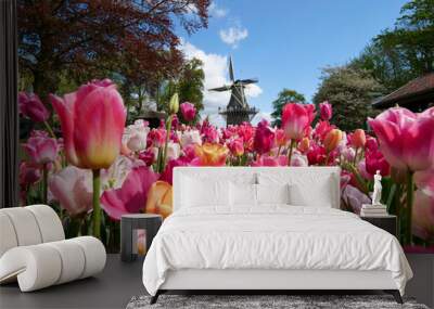 Titel: Beautiful flowers such as tulips and daffodils in the largest spring flower garden in the world at Lisse in the Netherlands Wall mural