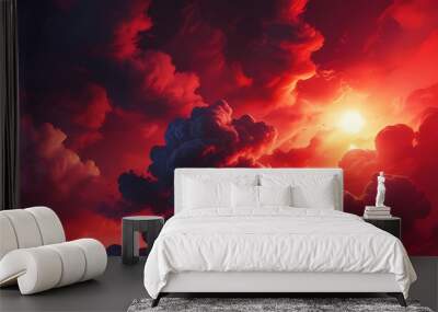 Black fiery red dramatic sky with clouds. Fire, war, explosion, catastrophe, flame. Horror concept. Web banner. Wide bloody red background with space for design. Panoramic. Wall mural