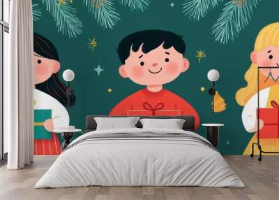 A cheerful illustration of three children holding colorful gift boxes against a festive background with pine branches and stars. Wall mural