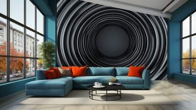 A dark, abstract image featuring concentric circular patterns leading to a central point, evoking a sense of depth and infinity. Wall mural