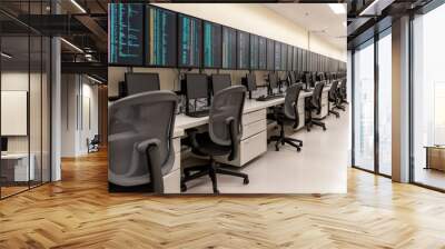 A modern office space featuring rows of computer workstations with multiple monitors displaying data and information. Wall mural