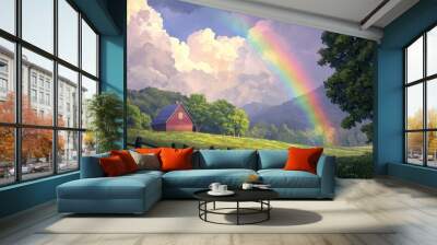 A serene landscape featuring a red barn, lush greenery, a rainbow arching over mountains, and fluffy clouds in a bright blue sky. Wall mural