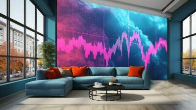 A vibrant soundwave graphic featuring pink and blue colors, illustrating audio frequencies and modern digital design. Wall mural