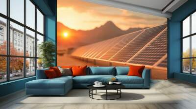 A vibrant sunset illuminates solar panels in a desert landscape, showcasing renewable energy harnessed in a serene environment. Wall mural