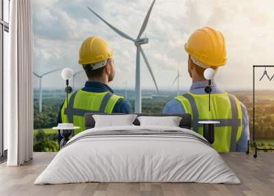 Two engineers observe wind turbines, highlighting renewable energy and sustainable development in an outdoor setting. Wall mural