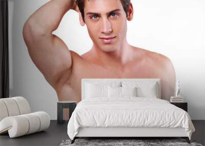 Shirtless, handsome and sexy portrait of a man isolated on a transparent png background. Grooming, hygiene and a topless and naked person with cool attitude and satisfaction after a wash or cleaning Wall mural