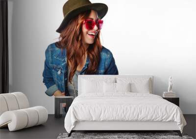 Gen z, fashion and sunglasses of happy woman in trendy style with excited smile isolated on a transparent png background. Young female person or model smiling in happiness for stylish denim clothing Wall mural