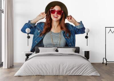 Woman, portrait and fashion sunglasses with hat and denim jacket isolated on a transparent png background. Portrait of happy female person, gen z or stylish model in cool hipster or casual clothing Wall mural