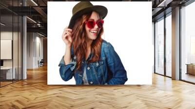 Woman with smile, gen z fashion and sunglasses, happy and excited with retro style isolated on transparent png background. Happiness, cool and young female fashionista with funky stylish clothes Wall mural