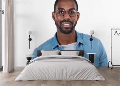 Young black man, face and smile with glasses isolated on transparent, png background for eye care or vision. Portrait of happy African model person with positive mindset, confidence and casual style Wall mural