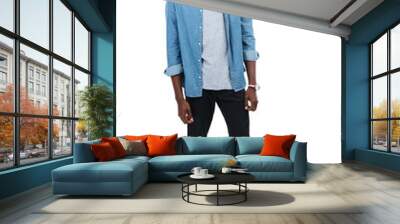 Young black man, full body portrait and standing ready isolated on a transparent png background. African male person, happy and positive mindset or attitude with confidence in casual style clothing Wall mural