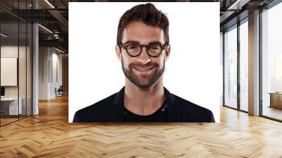 Isolated business man, glasses and portrait with smile, handsome or fashion by transparent png background. Young businessman, happy entrepreneur or male in headshot, motivation or career development Wall mural