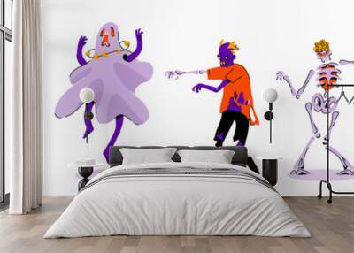 Halloween monsters set. Costumes. Creepy and funny monsters on a white background in a single color palette. Witch, pumpkin head, ghost, zombie, skeleton and grim reaper. Colorful vector illustration  Wall mural