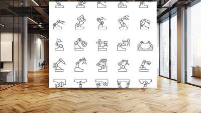 Industrial robot, icon set. Mechanical hydraulic robotic arm for manufacturing, linear icons. Line Wall mural