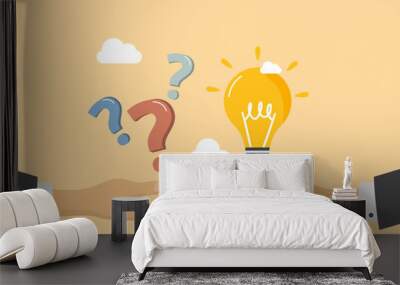 Question and answer, solving problem or business solution, ask for reply or idea to solve difficulty and trouble, FAQ concept, businessman hand holding question mark with other reply with light bulb. Wall mural