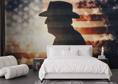 Double exposure Silhouette of an old veteran on the United States flag in sunset Wall mural